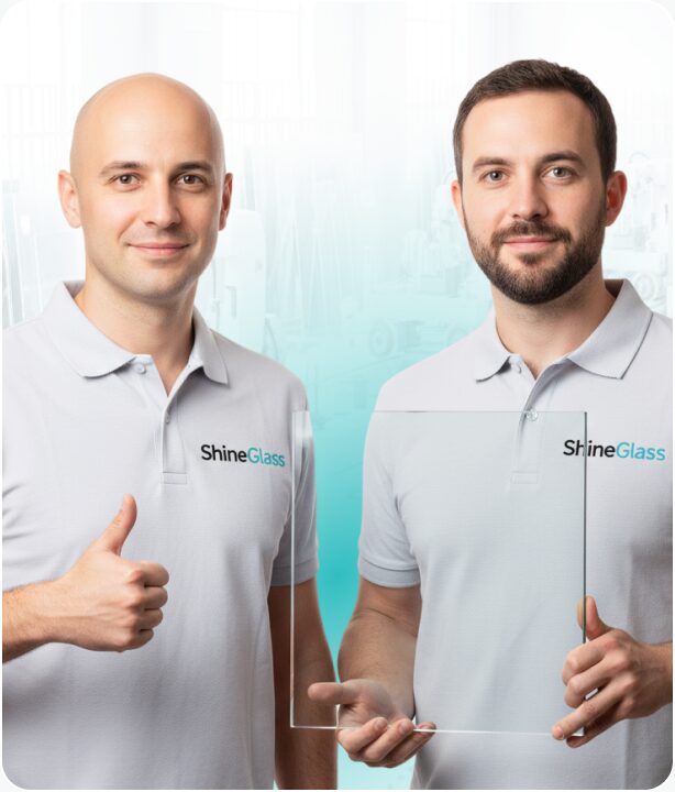 ShineGlass glass polishing specialists holding a clear glass pane