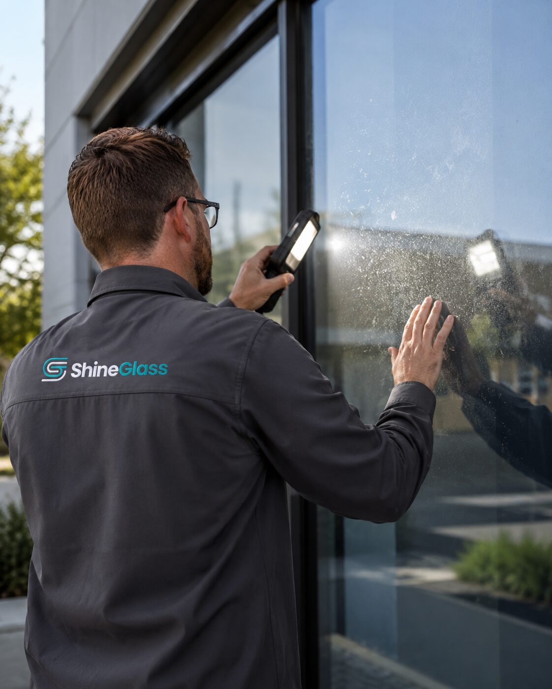 ShineGlass Fachmann prüft eine Glasfassade mit einer Inspektionsleuchte