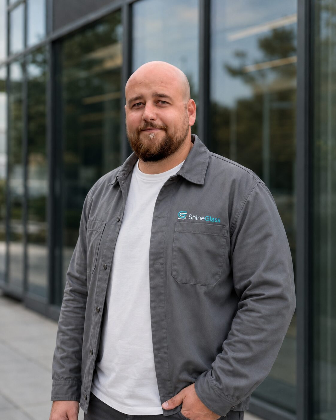 ShineGlass Fachmann vor einer modernen Glasfassade
